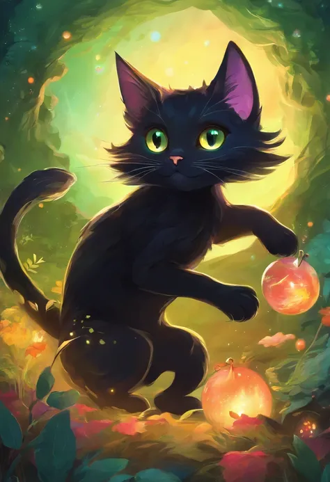 A black cat that eats happily,Glowing planet, Beautiful and splendid,Very bright colors, Many kittens are running happily in the green space