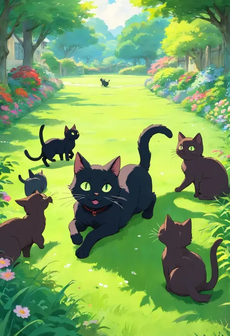 A black cat that eats happily, And many kittens run happily in the green space, Carefree and happy on the turf