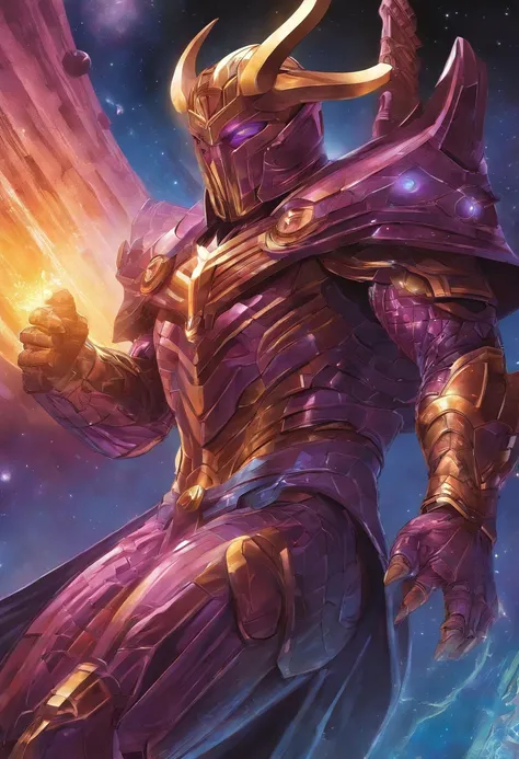 Marvel hero Galactus，The huge Galactus reaches out and grabs you, milky ways, Marvels dark supervillain Galactus wears a mechanical costume，celestial armor，glittery, The sky was surrounded by lightning, The God of Darkness sits on Tron, full portrait of el...