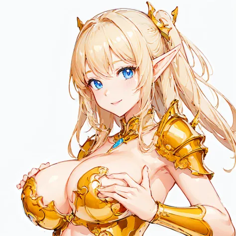 ​masterpiece、top-quality、ighly detailed、hight resolution、１６ｋ、fullnude、Boob proportions、golden armour、A very sheer skirt、Full body like、Very white skin、Beautiful fingers、Anime girl with very big breasts posing naked、Perfect Style、elvish、no-bra、Blonde blue-e...