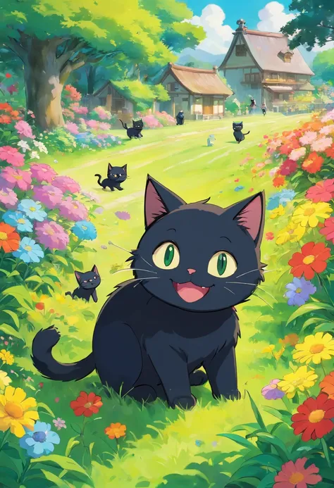 A black cat smiled happily, Many colorful kittens run happily in the green zone, Hassle-free on the lawn，cheerfulness