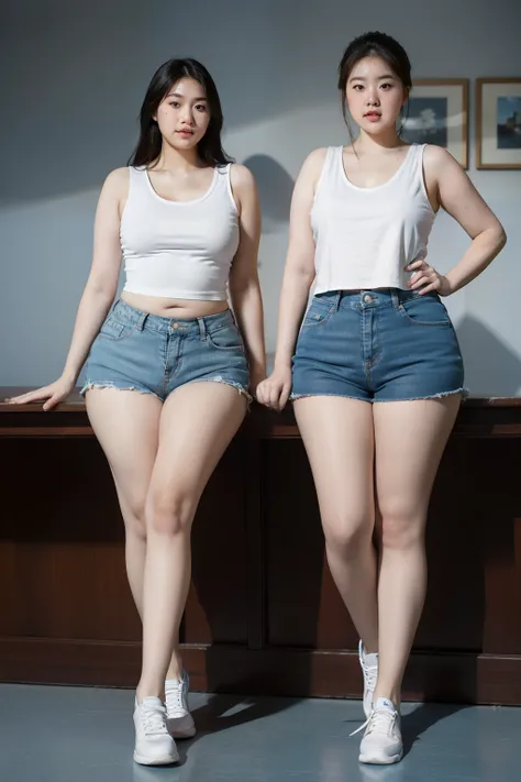 8K分辨率，Two tall beauties in lake blue skinny shorts，Small white vest，Small white shoes，Plump buttocks，Very obese and obese body，Pear-shaped body，beautiful weather，at class room，Full body photo of standing，Classic art photographs，The face is clear and detail...