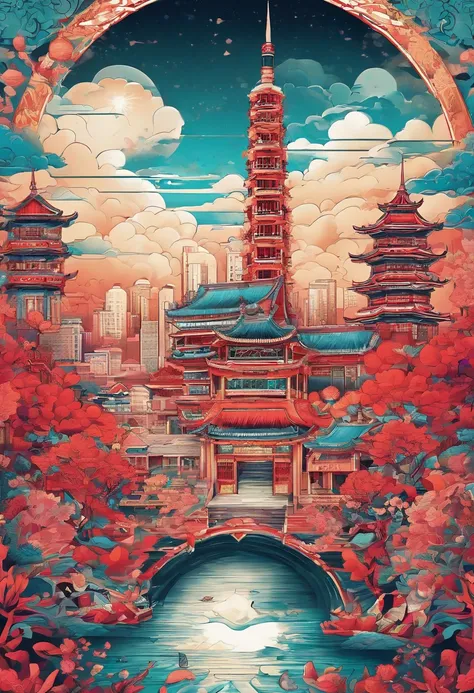 Chinese paintings， Contemporary Chinese Background， (shanghai, China，Man in a cat mask)，Urban skyscrapers，Auspicious clouds，View of the Bund，rays of sunshine，Psychedelic color scheme，hyper detailed illustration，Light red and sky blue，Imaginary landscape，ps...