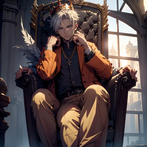 (best quality, ultra-detailed, realistic), blue-eyed young man with short white hair, confidently holding a crown in his hand, exuding a sense of badassery, seated on a throne in a relaxed manner. He wears normal adventure clothing, conveying a hint of dar...