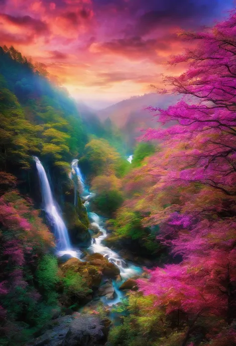 Photo taken from a distance on the path leading to the waterfall, blossoming path to heaven, Beautiful and mysterious, Beautiful fece, Beautiful images ever created, magical landscape, Glowing swirling mist, Truly beautiful nature, magical colors and atmos...