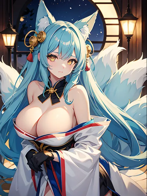 Long Hair, Light Blue Hair, Yellow Eyes, Heart pupils, bare shoulder, Fox Ears, 9 Tails, Big Boobs, Wearing Yukata, Nighttime, Wearing Black Gloves, Inside a house