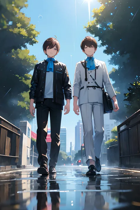 2Boys,walking,path,[From below:1.2],Brown hair,Sign Shorthair,Brown eyes,puddles,water reflection,Sateen,Floating water droplets,(blurred foreground),Dynamic Angle,asphalt,(blue-sky),lens flares,(glitter:1.2),