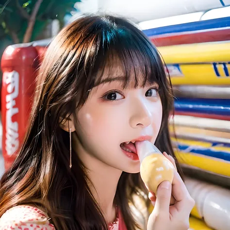 Woman sucking on a tube of mayonnaise、A beautiful gal chews a tube to her hearts content