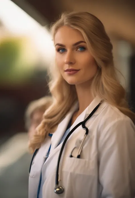 20-year-old blonde American woman with blue eyes, who is disguised as a doctor, und nach vorne in die kamera schaut wie eine reporterin