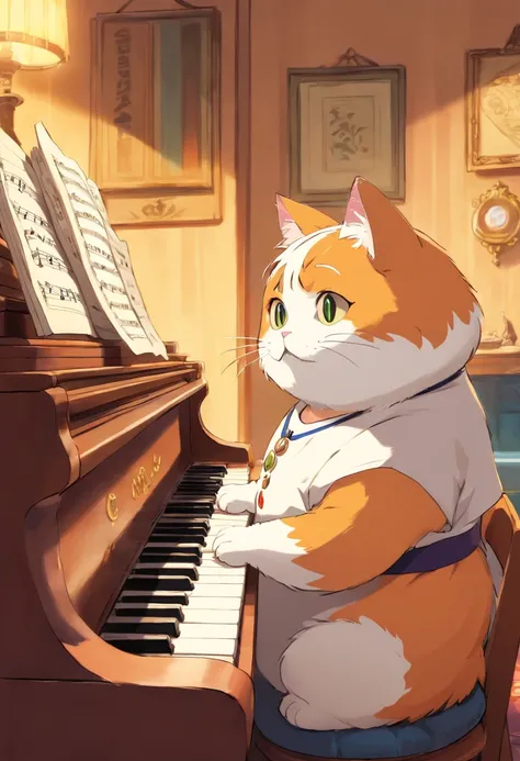 Anime Calico fat cat playing piano, in the style of studio ghibli