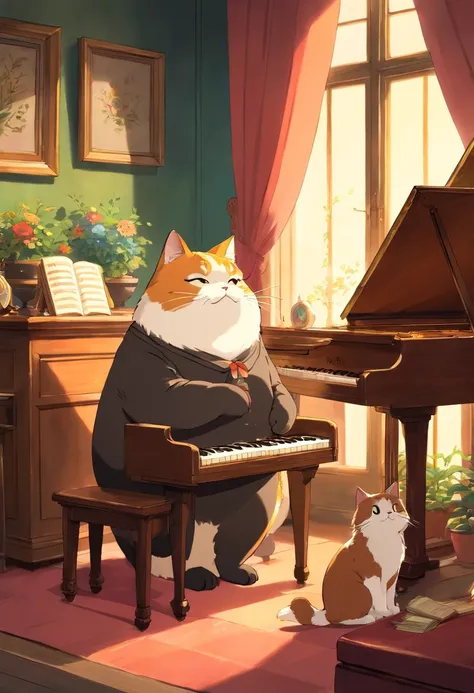 Anime Calico fat cat playing piano, in the style of studio ghibli