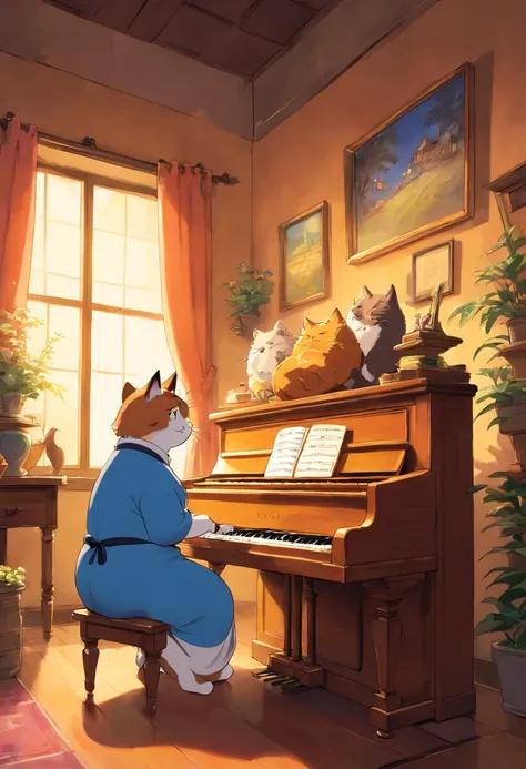 Anime Calico fat cat playing piano, in the style of studio ghibli