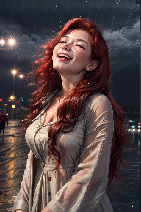 a close up picture of a womans face looking towards the sky, as she looks up the rain drops fall on her face, a very beautiful woman, long hair, red hair, wavy hair, wet hair, closed eyes, dynamic elegant clothing, there is a sense of joy on her face, an u...