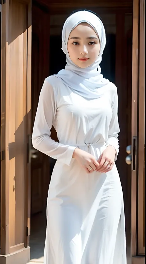 girl in hijab wearing muslim traditional white dress dress