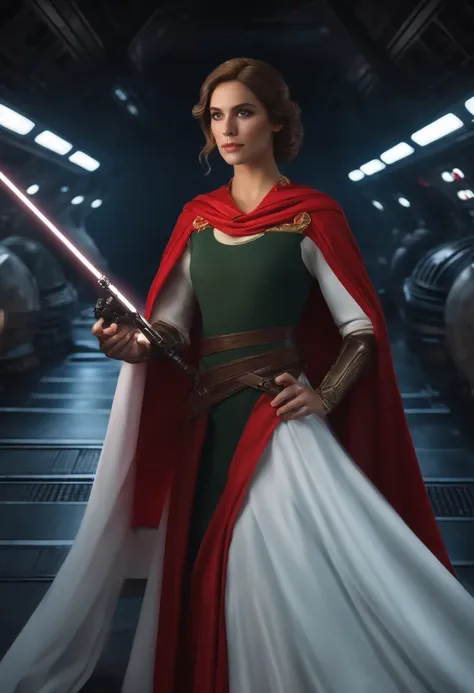 Uma foto de corpo inteiro da Princesa Zelda, cabelos pretos, olhos vermelhos, vestido como Rey Skywalker, 30 anos, maduro, Busto XL, holding a red lightsaber in just one hand, vestindo um manto preto com detalhes vermelhos, Lutando, em uma postura de batal...