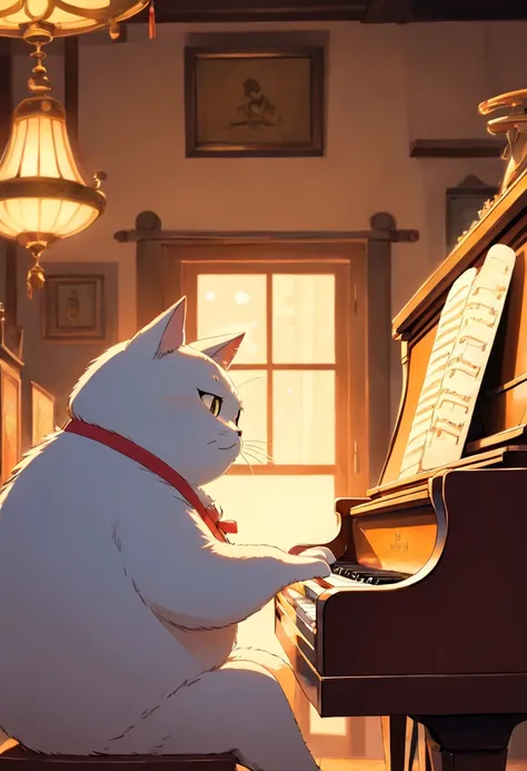 Anime Calico fat cat playing piano, in the style of studio ghibli, a very fast song played with enthusiasm, eyes open wide, tongue out of mouth