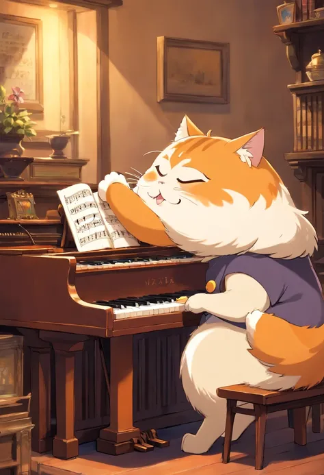 Anime Calico fat cat playing piano, in the style of studio ghibli, a very fast song played with enthusiasm, eyes open wide, tongue out of mouth