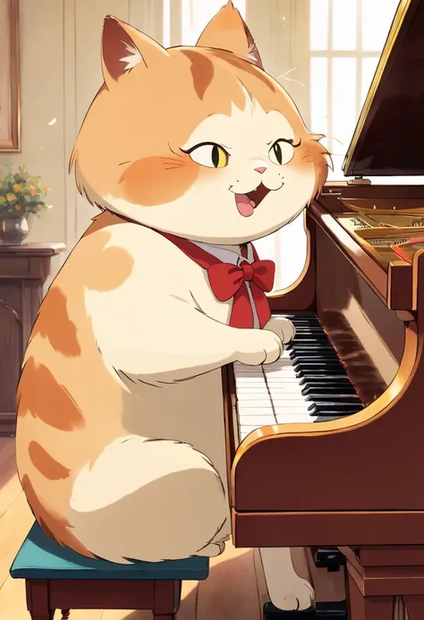 Anime Calico fat cat playing piano, in the style of studio ghibli, a very fast song played with enthusiasm, eyes open wide, tongue out of mouth