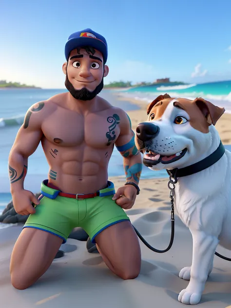 Um homem musculoso de joelhos na praia, with a colorful sunset tattoo on his left arm, Holds an American Staffordshire Dog in Cholera, Dog with friendly face