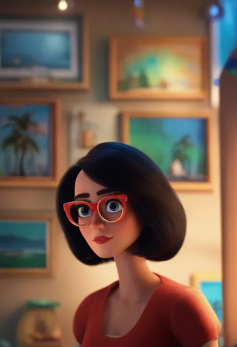 Pixar style image with 3D character glasses brunette woman straight black hair short Disney makeup,Pescador, bonitinho, sorridente ,Close-up, Pixar, Disney, Cinema lighting,