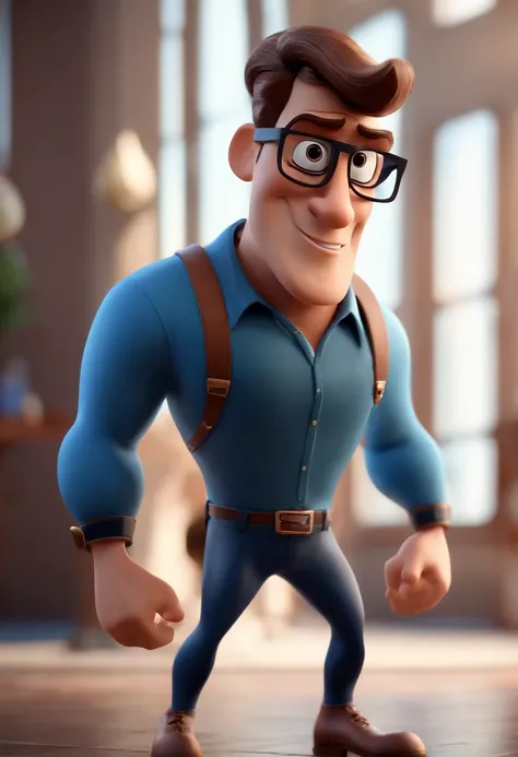 Cartoon character of a man with black glasses and a blue shirt, animation character, Caractere estilizado, animation style rendering, 3D estilizado, Arnold Maya render, 3 d render stylized, toon render keyshot, Personagem 3D, Personagem 3D, 3d rendering st...