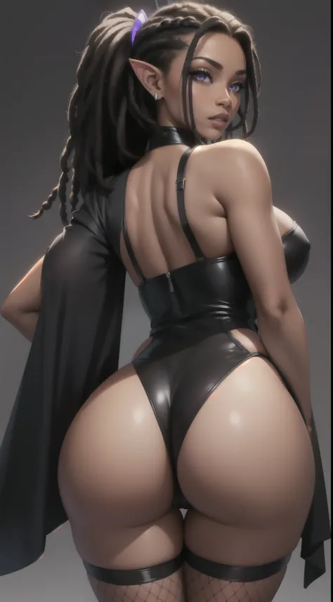 (Concept Art) of an (African-American) female, with dark (black dreadlocks), purple eyes, dark (brown skin), (pointed ears), (slutty assassin), (fishnet) sexy sith robes, (lust) demon, (big butt) close-up shot, perfect composition, hyper-detailed, 8K, high...