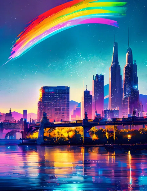 Colorful Metropolitan Museum of Art、River painting with stars and moon in rainbow sky、the met、Shining skyscrapers、Shine across the board、Skyscrapers、Concept art inspired by Mitsuoki Tosa、pixiv contest winners、top-quality、Fantasyart、beautiful anime scene、Br...