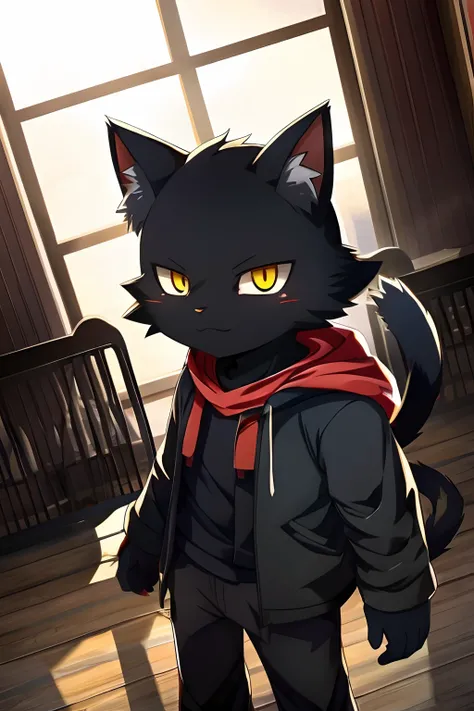 Cat anime character with short hair and yellow eyes, anime moe art style, Anime Seinen, anime cat, With glowing eyes,Anime Monsters, Full Body Reviews,　Young man with a black cat,