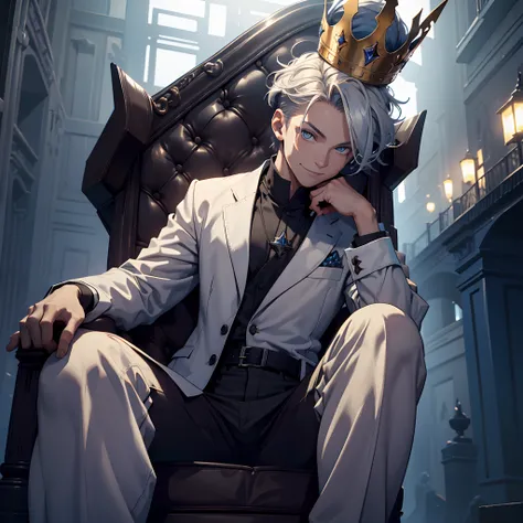 (best quality,highres),young man,short white messy hair,blue eyes,ironic smile,hold crown,sit relaxed on throne,badass,dark atmo...