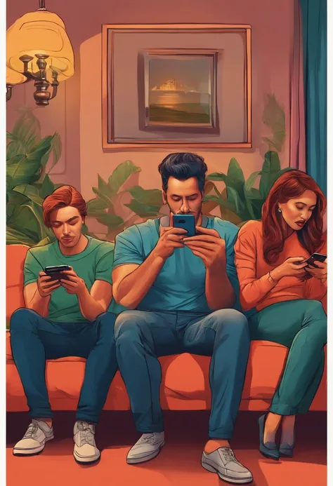 Several men and women, sitting on the sofa, looking at their mobile phones. The look of crazy mockery,