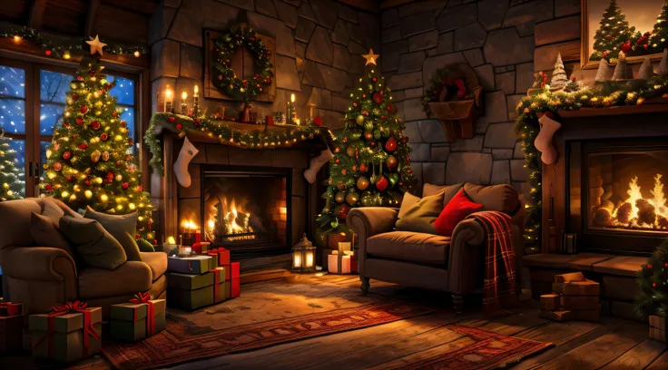 a close up of a living room with a christmas tree and a fire place, cosy enchanted scene, cozy place, cozy home background, cozy environment, santas workshop, cozy wallpaper, cozy living room background, cozy setting, cozy and peaceful atmosphere, cosy atm...