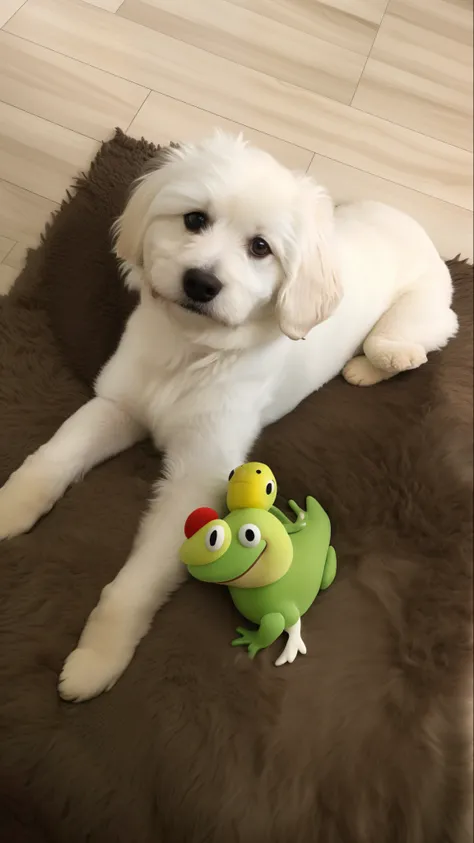 Disney Pixar animation style. description: Theres a white dog thats lying on a brown carpet, Crocodilo Loki, stuffed toy, Jogar, pimenta, small white dog at her side, Peepo o sapo!!!, brinquedo bonito, stuffed animal, wtwo frogs hugging, um bonito, barriga...