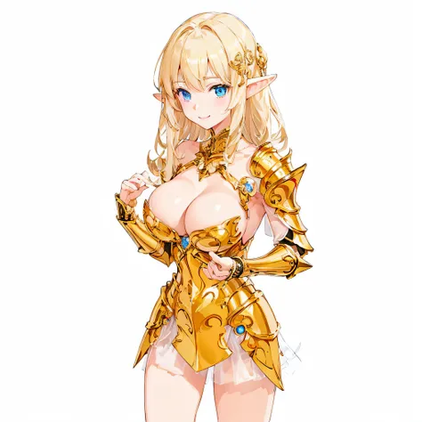 ​masterpiece、top-quality、ighly detailed、hight resolution、１６ｋ、fullnude、Boob proportions、golden armour、Very thin skirt、Full body like、Very white skin、Beautiful fingers、Anime girl with very big breasts posing naked、Perfect Style、elvish、no-bra、Blonde blue-eyed...