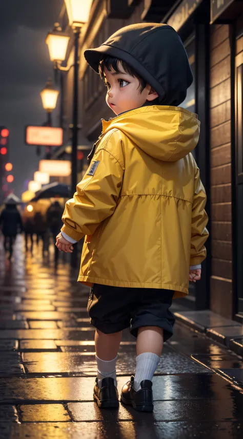 (best quality, 4k, 8k, highres, masterpiece: 1.2) (ultra-detailed, realistic, photorealistic) night scene in a seaport, rainy weather, in a poorly lit street: a little boy in yellow k-way, with his hood on his head, from the back, walks along the boats.