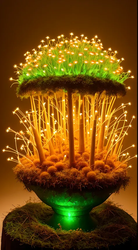 A bush of enoki mushrooms，Cogumelos,，Realiy，dream magical，with light glowing，Glowing forest, Green moss，Neon lights around mushrooms, ultra - detailed