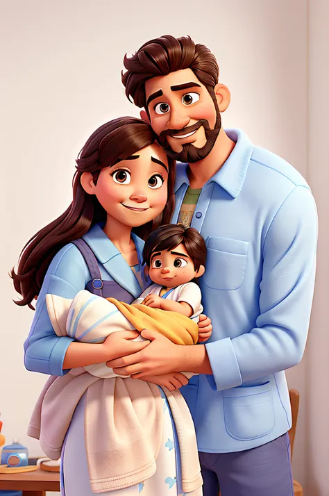 pai magro com cabelo mais curto e cacheado, Short beard and mustache smiling next to straight-haired mother carrying a sleeping baby wrapped in blue towel on her lap, Disney pixar |