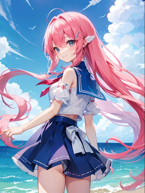 Girl with long pink hair、Cute high school girl like a fairy、Sea, blue sky and clouds、kirakira、Clothes that show shoulders、a smile、Rear view、From head to foot、