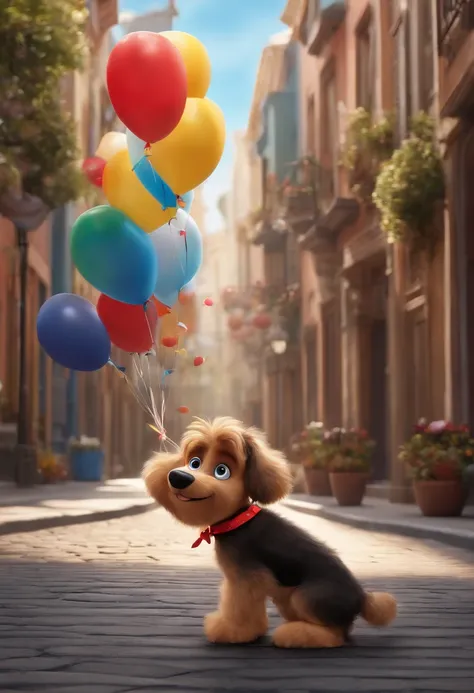 3D poster inspired by Disney/Pixar, a scene with a furry dog ​​with big ears, black hair and a brown goatee, with a red bow on her head, happy running after colorful balloons on the street, signs with the name BLACK and a girl with black hair curly to the ...