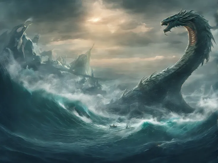 jormungandr, colossal sea serpent, in the middle of the ocean, wide view, rampage