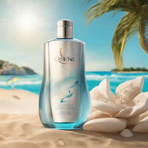 An olay body lotion, Modern glass jars, Blue liquid, Young inspiration, Women in bikinis, Right angle and round tip design, Gently tucked away on the sands of a beautiful beach, Paradisiacal beach, the sunset, Transparency of water, Thick glass refraction,...