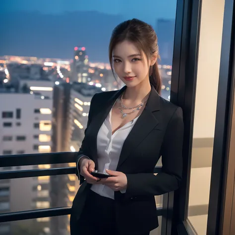 ((1人の女性,Beauty Secretary: 1,25-years old,Formal blouse,formal jackets,formal pants,Expensive necklaces,,Room in a tower apartment on the 40th floor,One huge window in the background,Huge windows,nighttime scene,Complex night scene,From the window, You can ...