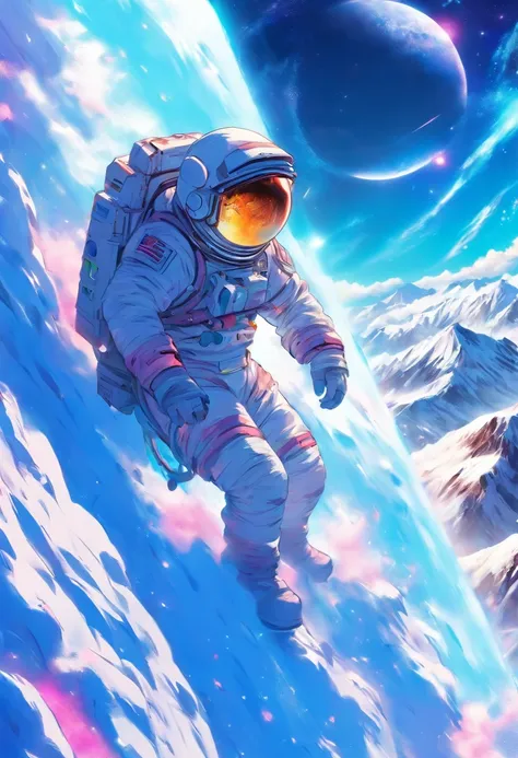 （Astronaut struggling to climb creative poster in snowy mountains）, （struggling：1.37），（Climbing：1.1），（Background with：This is a planet）, lonely astronaut, Detailed astronaut, fully space suited, in the universe（On Moon）, key art, inspired by Yoshihiko Wada...