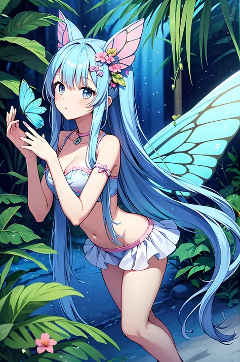 Best Quality, masutepiece, Cute Fairy Girl, fairy wings, Light blue long hair、Twin-tailed、In the mysterious jungle, foliage, Tropical, kawaii, mystery, Magical, Mythical animals and mysterious butterflies, Exotic flowers