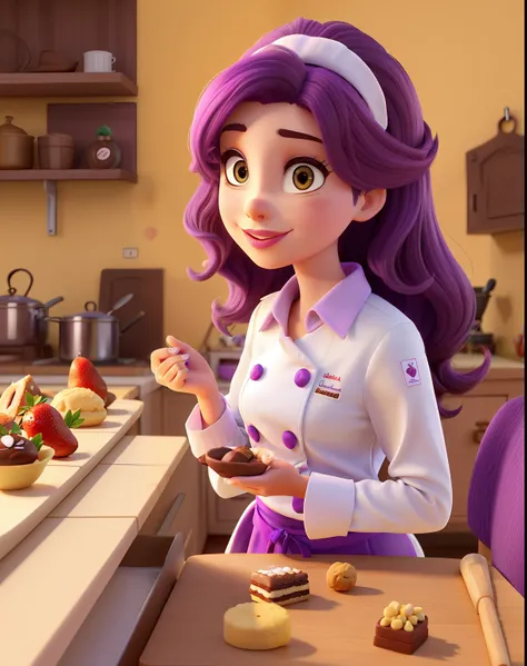 A chef who makes chocolate with strawberriesPesronagem Disney Pixar title "Pamdoce", mulher parda,  com 36 anos, forte, cabelo cacheado curto, cozinheira profissional, com um pote de biscoito, A fuê on the table, wearing a purple dolman and white blouse in...