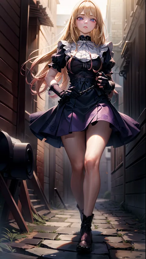 ((masterpiece, best quality)), 1girl, solo, short sleeves, (detailed eyes:1.3), pink eyes, (looking at the audience), long hair, blonde hair, sleeves, gothic, black dress, purple skirt, black gloves, outdoors, sleeves, full body, sunlight, daytime,