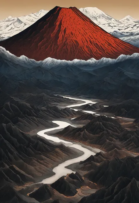 Katsushika Hokusai，Close-up shot，Aerial view，Dramaticlight，Erupting lava，Dante Peak，volcanoes