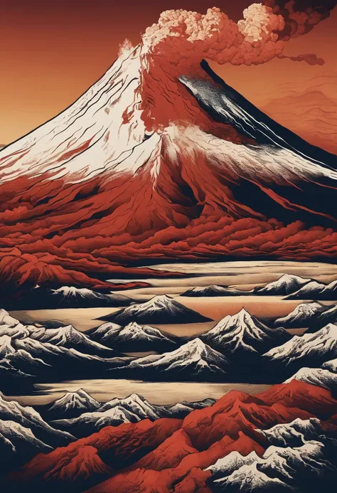 Katsushika Hokusai，Close-up shot，Aerial view，Dramaticlight，Erupting lava，Dante Peak，volcanoes