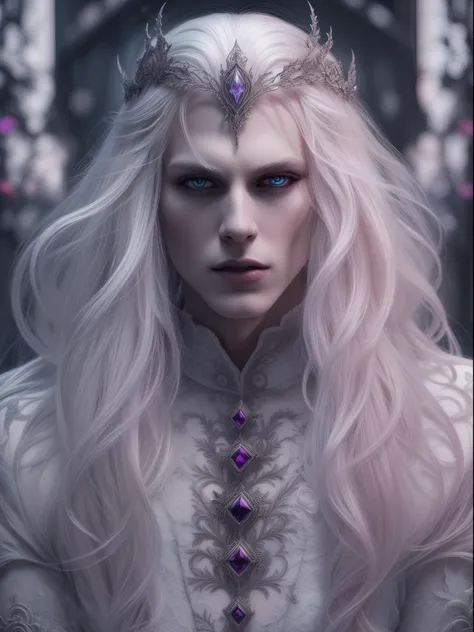 Insanely detailed photograph of a gorgeous vampire man, goth Renaissance, long voluminous white hair, intricate white  eyes, fantastical, vampire, ethereal, hyperdetailed, 32k resolution, dynamic lighting, hyperdetailed, intricately detailed, trending on A...