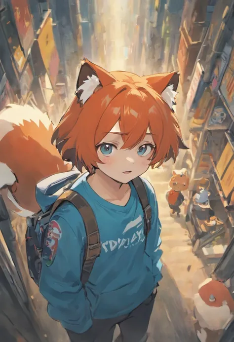 Red panda, light blue shirt, blue overalls, bandaid on cheek, Furry, male, (by evama animation) boy, anthropomorphic