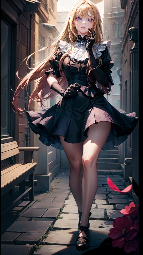 ((masterpiece, best quality)), 1girl, solo, short sleeves, (detailed eyes:1.3), pink eyes, (looking at the audience), long hair, blonde hair, sleeves, gothic, black dress, purple skirt, black gloves, outdoors, sleeves, full body, sunlight, daytime,